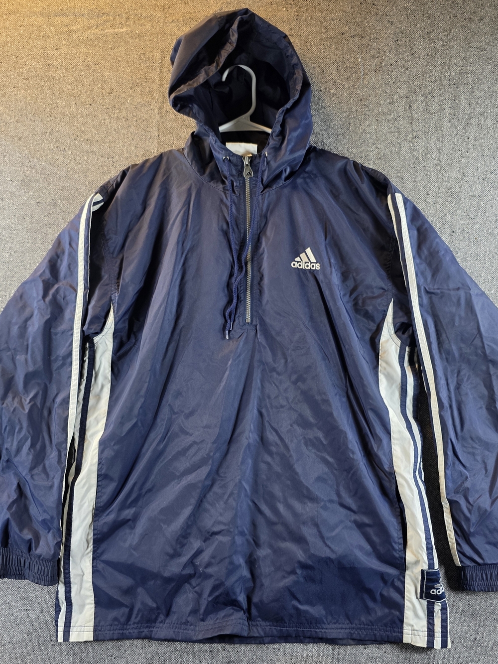 Vintage Adidas 3 Stripe Hooded Windbreaker Men's S Navy Nylon Pullover 90s Y2K
